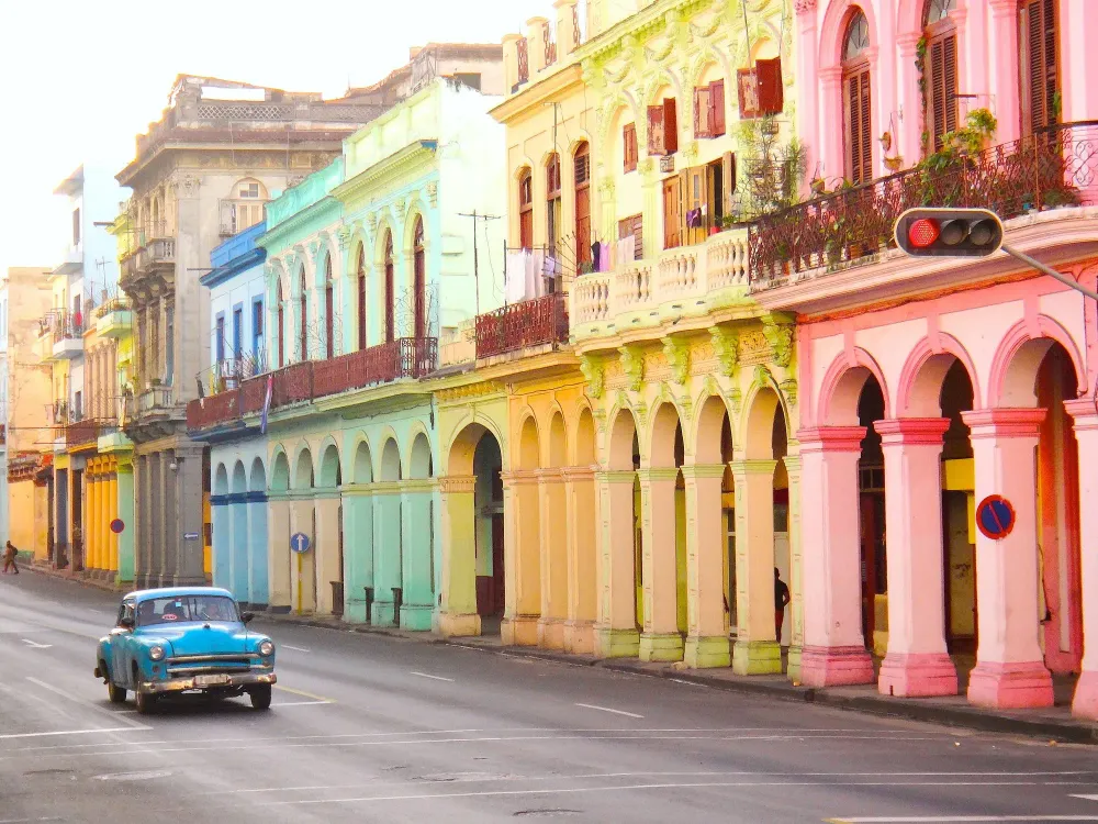 Cuba car and colorful buildings